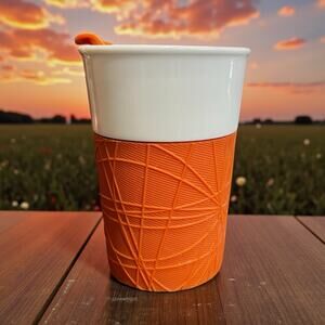 2013 Starbucks Orange Ceramic Travel Tumbler Silicone Sleeve Cup 8oz EUC